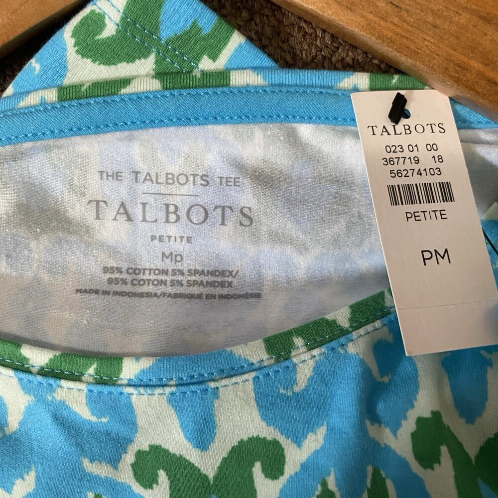 Talbots Short Sleeve Blue Green Geometric Medium P NWT Cotton Everyday Tee Top - Picture 4 of 7